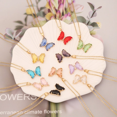 Collana Con Pendente A Farfalla Acciaio Inossidabile Rame Vetro Ala Di Cristallo Colorato Zircone Gioielli Da Donna