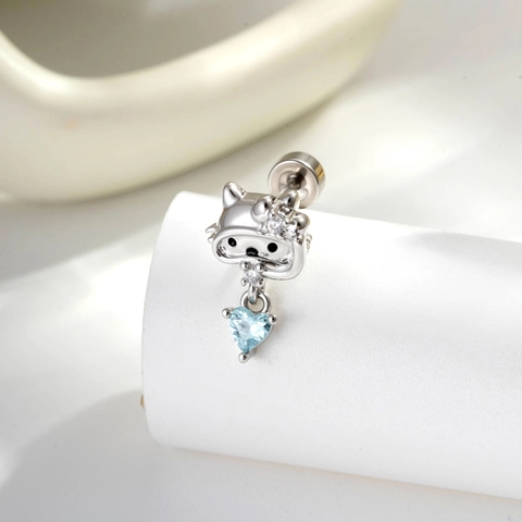 Cartoon Cat Diver Stud Earrings With Light Blue Heart Cubic Zirconia Titanium Steel Copper Piercing Jewelry