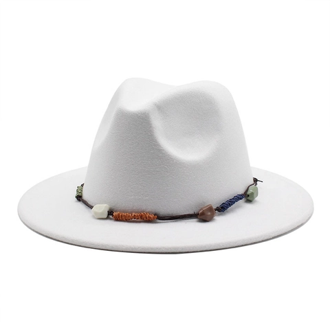 Fedora Hat Cotton Polyester Blend Felt Wide Brim Bohemian Ethnic Decorative Stone Bead Vintage Western Style Unisex