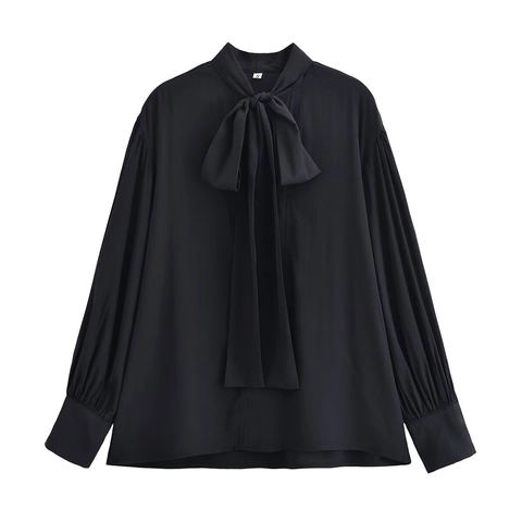 Women Elegant Bow Tie Neck Blouse Long Sleeve Polyester Solid Color Casual Shirt Fashion Tops