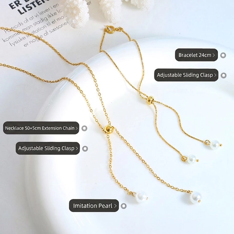 Artificial Pearl Jewelry Stainless Steel 18K Gold Plated Y Shaped Necklace And Adjustable Bracelet For Women Elegant Minimalist