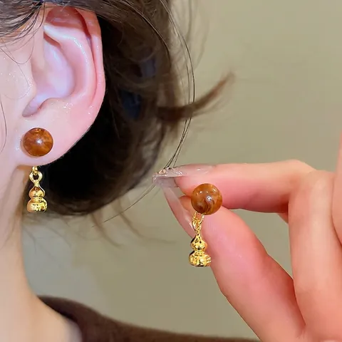 Pendientes Colgantes Hulu Gourd Orientales Vintage Con Cuenta De Mármol Acrílico Y Poste De Plata Elegante Joyería
