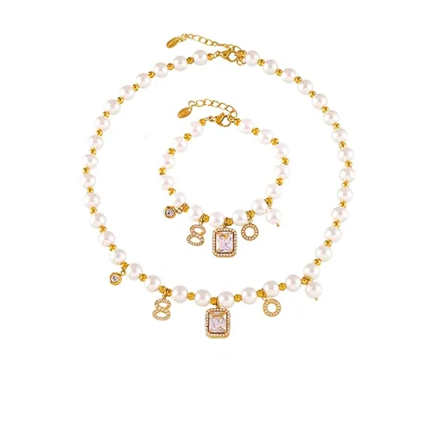 Set di Gioielli Vintage in Acciaio Inossidabile con Perle Artificiali Placcato Oro Zirconia Collana e Bracciale per Donna
