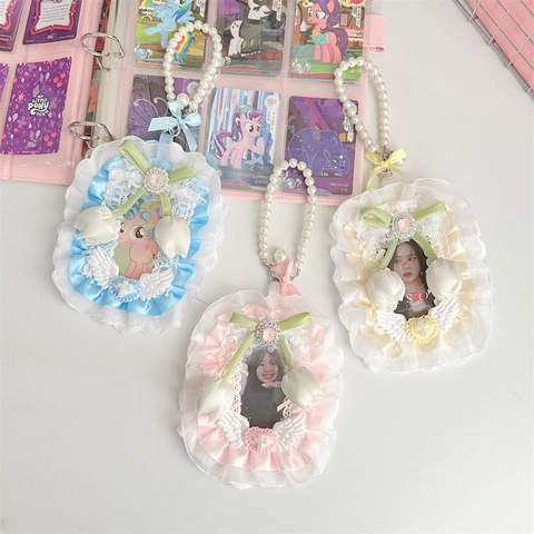 Porta Carte Foto In Pizzo Kawaii Con Catena Di Künstliche Perle Artificiali Decorazione Tulipano Ali D'Angelo Custodia Per Carte Idol