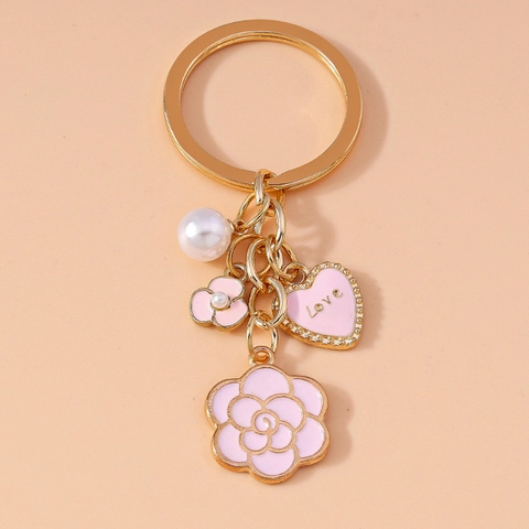 Llavero Camelia Corazón Love Perla Artificial Aleación Dorada Amuleto Bolso Floral Regalo Romántico