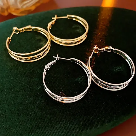 Orecchini A Cerchio Triplo Con Trama A Taglio Diamante Metallo Cerchio Multistrato Gioielli Con Perno In Argento
