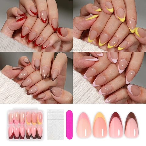 French Almond Press On Nails Minimalist Marble Pattern Long Manicure Tool Kit Plastic Artificial False Finger Nails