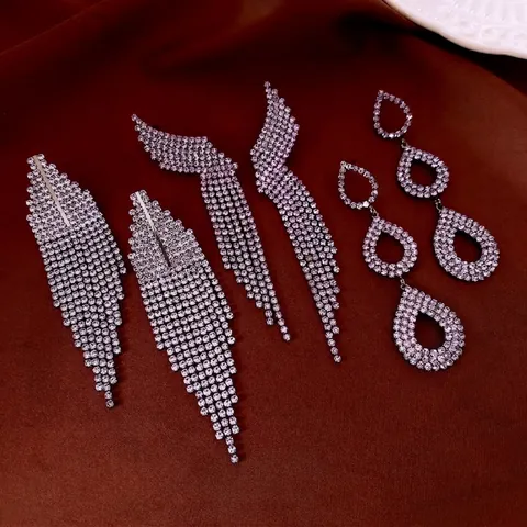 Rhinestone Tassel Drop Earrings With Silver Earring Post Purple Hollow Waterdrop Wing Copper Luxury Jewelry For Women