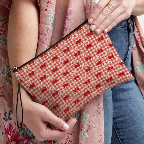 Borsa Per Cosmetici Con Stampa Ciliegie E Quadretti Gingham Pochette Trucco In Lino Fine Con Cinturino Da Polso Organizer