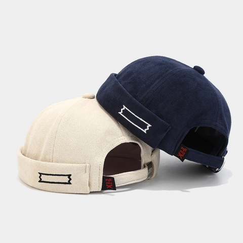 Retro Faux Suede Docker Hat Brimless Miki Cap With Adjustable Metal Buckle And Embroidery For Men Streetwear