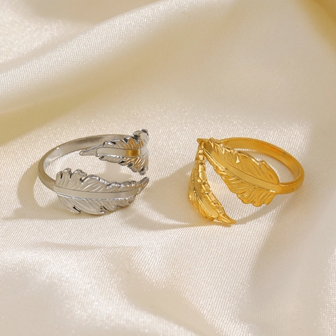 Vintage Feder Ring Edelstahl Verstellbar Offen Retro Doppelblatt Mode Schmuck Für Frauen