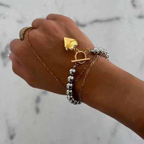 Pulsera De Cuentas De Acero Inoxidable Con Colgante De Corazón Bicolor Oro Cierre De Palanca Joyería De Moda Mujer