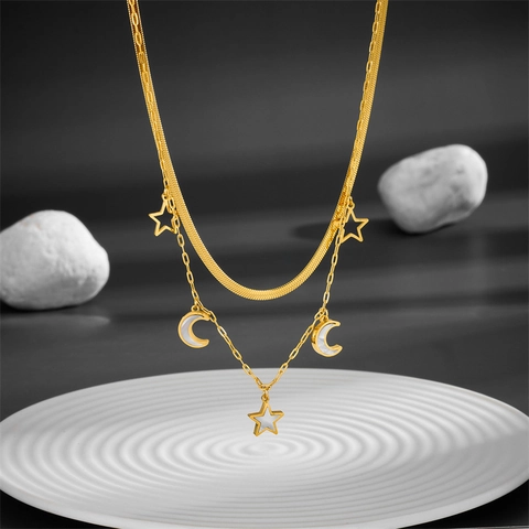 Collana A Strati Acciaio Inossidabile Pendenti Stella E Luna Placcato Oro Intarsio Madreperla Bianca Donna Elegante