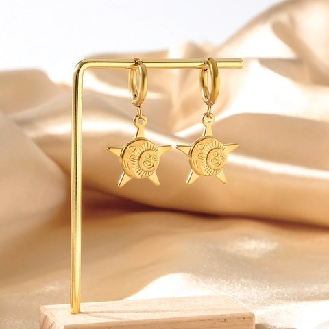 Vintage Edelstahl Vergoldet Sonne Stern Huggie Hoop Ohrringe Für Damen Retro Mode Geometrischer Schmuck