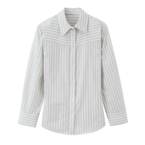 Gestreifte Bluse Hemd Langarm Knopfleiste Polyester Grau Weiß Hemdkragen Schulterpolster Damen Oberteil