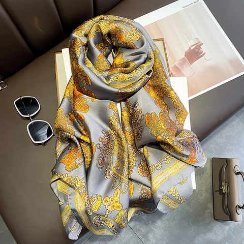 Vintage Baroque Printed Polyester Satin Scarf For Women Luxurious Large Shawl Soft Lightweight Gold Foil Wrap For Party Travel