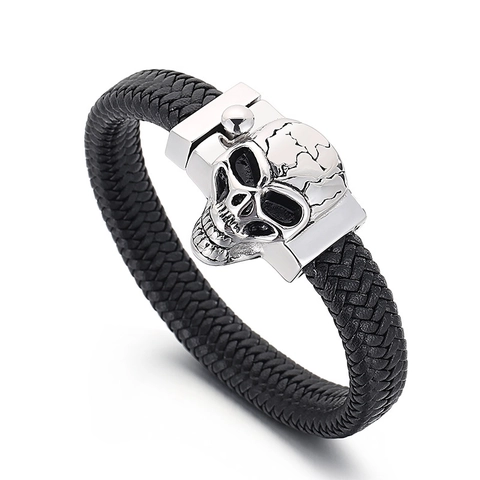 Men Skull Braided Leather Bracelet Stainless Steel Magnetic Clasp Punk Rock Biker Jewelry Wristband