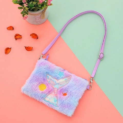 Cute Mermaid Tail Plush Kids Crossbody Bag For Girls Cartoon Sequins Embroidery Small Shoulder Bag Princess Coin Purse