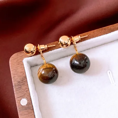 Retro Tiger Eye Stone Dangle Earrings With Silver Earring Post 18K Gold Plated Round Geometric Jewelry For Women