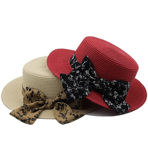 Dames Strooien Boater Hoed Plat Dak Zonbescherming Strand Vakantie Zomer Elegant Lint Boog Bloemenprint Ademend