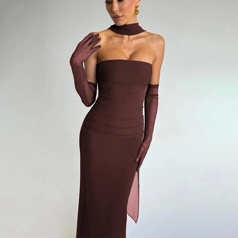 Vestito Lungo A Tubino Sexy Da Donna Arricciato Schiena Scoperta Aderente Festa Serale Con Choker E Guanti