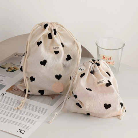 Bolsa De Almacenamiento Con Cordón Estampado Corazón Crema Tela Texturizada Neceser Portátil Organizador De Viaje