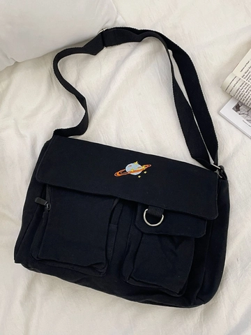 Sac Bandoulière En Toile Femmes Sacoche Multi-Poches Avec Broderie De Planète Style Coréen Minimaliste