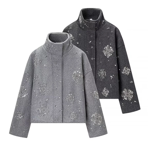 Veste Courte Femme Col Montant Manteau Court Avec Paillettes Flocon De Neige Strass Élégant Gris Hiver