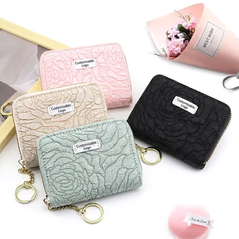 Rose Flower Embossed Card Holder Keychain Accordion Coin Purse Floral Pattern Polyester Fabric Zip Wallet For Women