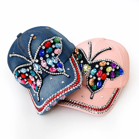 Cappello Da Baseball Farfalla Strass Cotone Denim Lucido Protezione Solare Regolabile Moda Streetwear Berretto Donne