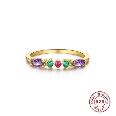 Luxury 925 Sterling Silver Geometric Ring Real Gold Plated Colorful Zirconia Five Stone Row Minimalist Finger Ring Women Party Jewelry