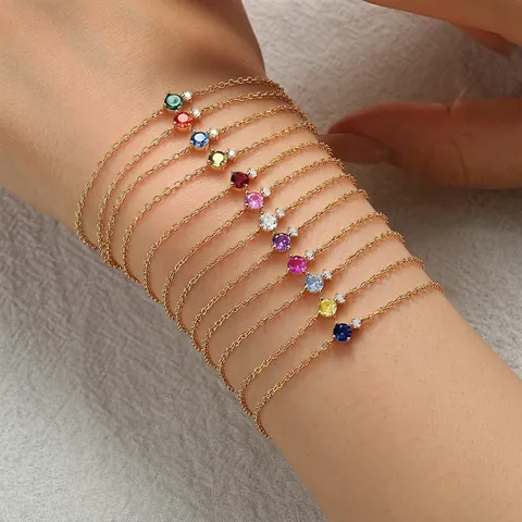Pulsera De Circón Colorido De Corte Redondo Plata De Ley 925 Joyería De Moda Minimalista Cadena En O Ajustable Para Mujer Elegante