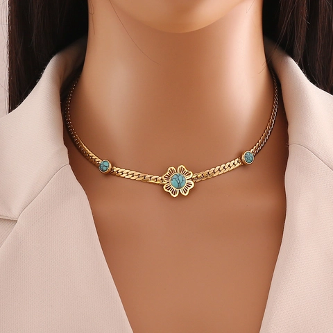 Bloemen Turquoise Sieraden Roestvrij Staal Platte Slangenketting Ketting Armband En Oorbellen Vintage Mode Voor Dames