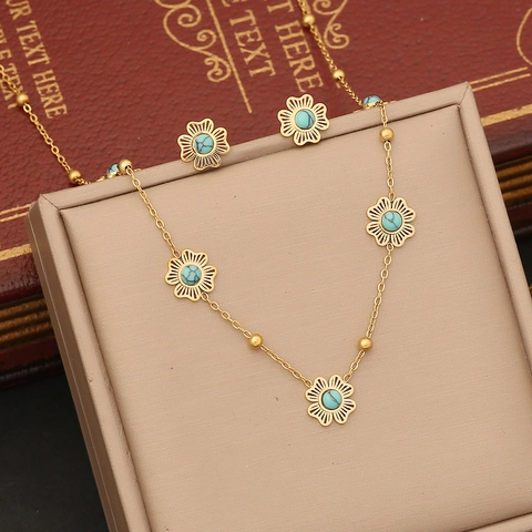 Vintage Blumen Schmuck Edelstahl Türkis Halskette Ohrringe Armband Für Frauen Retro Hohl Floral Design