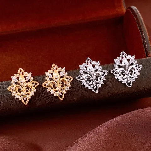 Pendientes De Botón Fleur-De-Lis Con Poste De Plata Cobre Circón Estilo Retro Vintage Elegante Para Mujer