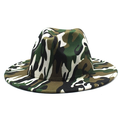 Cappello Fedora Stampa Camouflage Feltro Di Lana Tesa Larga Stile Western Vintage Jazz Per Uomo Donna Unisex Accessorio
