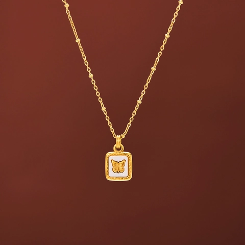 Vintage Butterfly Pendant Necklace Titanium Steel Gold Plated White Shell Square Charm Satellite Chain Jewelry For Women