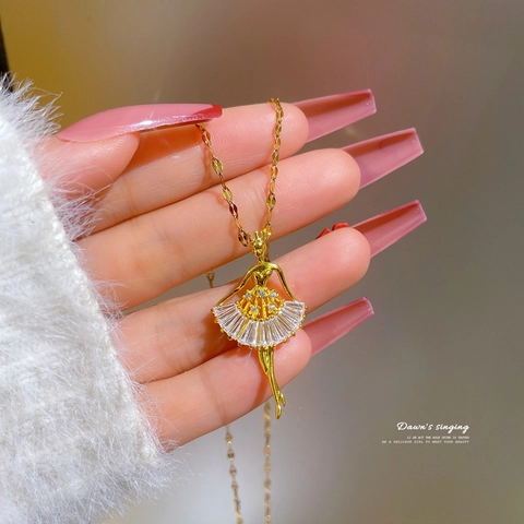 Collana Con Ciondolo Ballerina In Acciaio Al Titanio Con Zirconi Intarsiati Gioielli Eleganti Stile Coreano