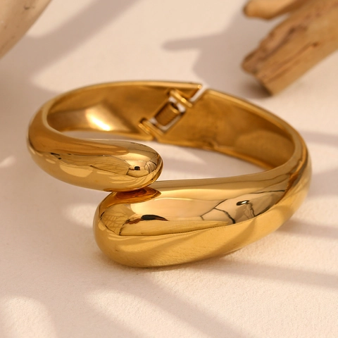 Bracciale Rigido Grosso Placcato Oro Acciaio Inossidabile Minimalista Design Metallo Liquido Cerniera Gioielli Donne