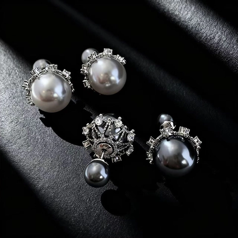 Orecchini A Perno In Perla Artificial Con Corona Strass Doppia Faccia Gioielli In Lega Con Perno In Argento Sterling 925 Per Donne