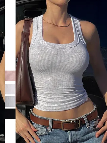 Women Ribbed Knit Tank Top Slim Fit Sleeveless U-Neck Racerback Solid Color Yoga Sports Summer Casual Vest