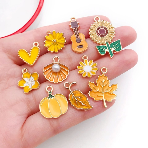 Ciondoli Assortiti In Lega Di Zinco Smalto Giallo Per Creazione Gioielli Fai Da Te Bracciale Collana Portachiavi Forme Fiori Foglie