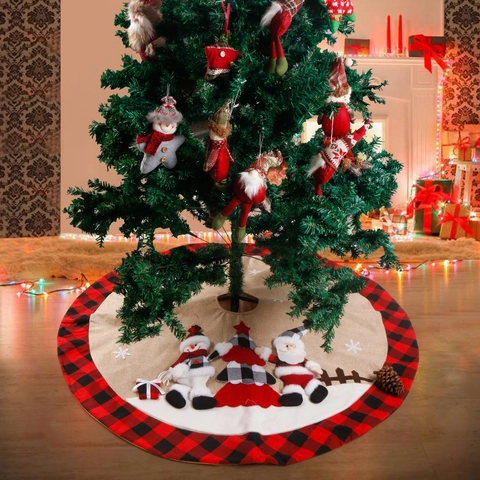 Christmas Tree Skirt Buffalo Plaid Faux Linen Santa Snowman Applique Rustic Farmhouse Xmas Tree Base Cover Decoration