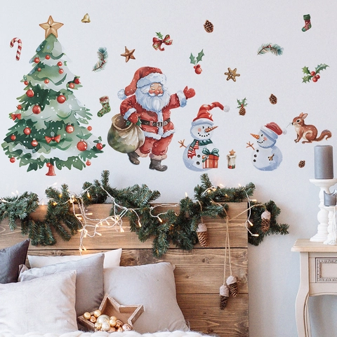 Kerst Muurstickers Kerstman Sneeuwpop Boom Aquarel PVC Voor Slaapkamer Woonkamer Feestelijke Vakantie Decoratie