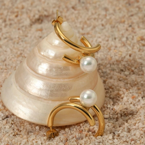 Pendientes De Aro En Forma De C De Acero Inoxidable Con Perla Artificial De Concha Joyería De Moda Geométrica Para Mujeres