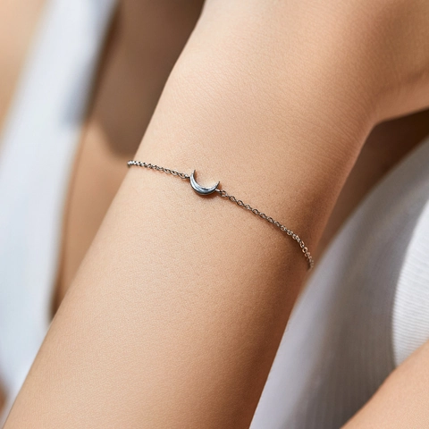 Pulsera De Media Luna De Plata De Ley 925 Minimalista Pulida Cadena Ajustable Joyería Para Mujer