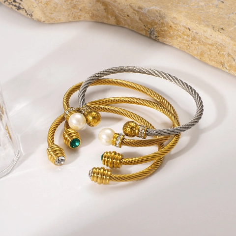 Στριφτό Βραχιόλι Cuff Από Ανοξείδωτο Ατσάλι 18K Επιχρυσωμένο Με Πέρλες Και Κρύσταλλα Κομψό Κόσμημα Για Γυναίκες