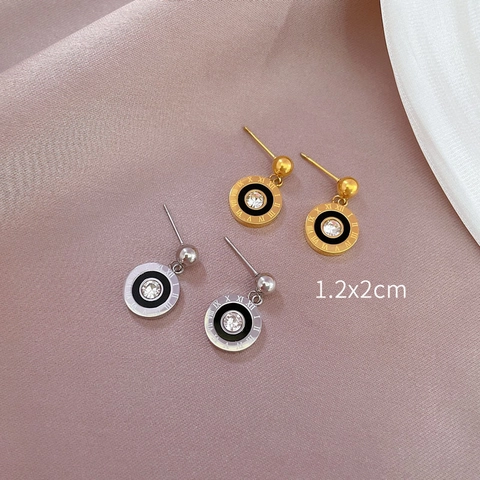 Minimalist Round Stud Earrings Titanium Steel Roman Numerals Black Enamel Rhinestone Geometric For Women Party