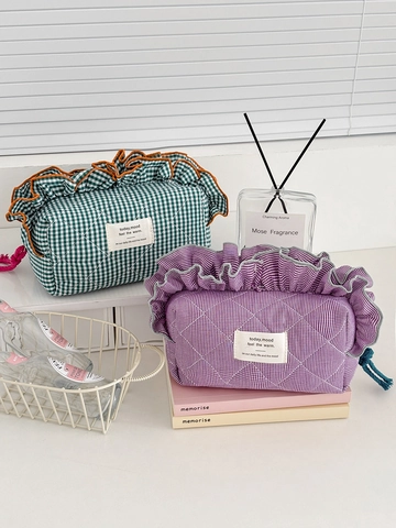 Borsa Per Trucco Trapuntata A Quadri Cotone Gingham Bordo Con Volant Pochette Cosmetica Grande Capacità Stile Coreano