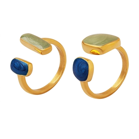 Adjustable Open Ring Titanium Steel Eighteen Karat Gold Plated Enamel Drip Geometric Rectangle Square Retro Jewelry Women